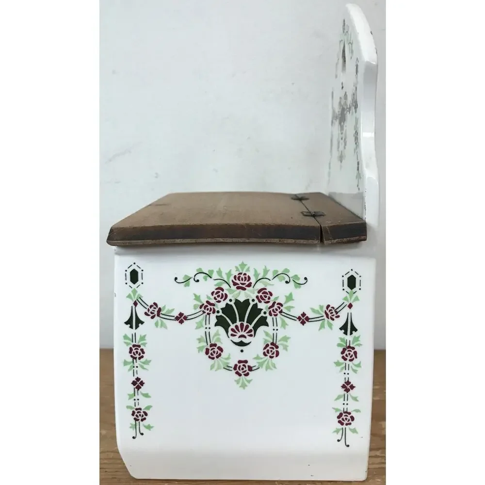 Vtg Antique Danish Salt Wall Hanging Ceramic Wood Floral Bin Kitchen Container